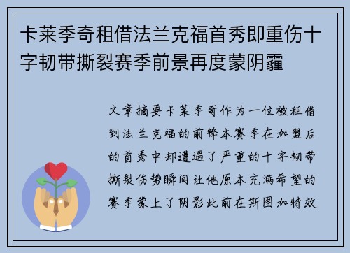 卡莱季奇租借法兰克福首秀即重伤十字韧带撕裂赛季前景再度蒙阴霾