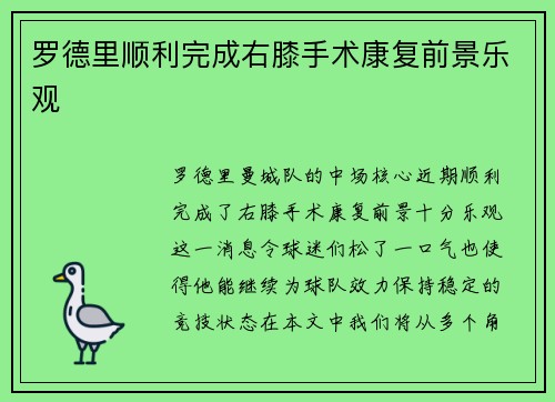 罗德里顺利完成右膝手术康复前景乐观