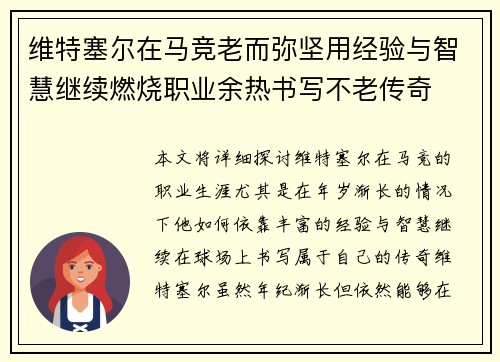 维特塞尔在马竞老而弥坚用经验与智慧继续燃烧职业余热书写不老传奇 维特塞尔在马竞老而弥坚用经验与智慧继续燃烧职业余热书写不老传奇